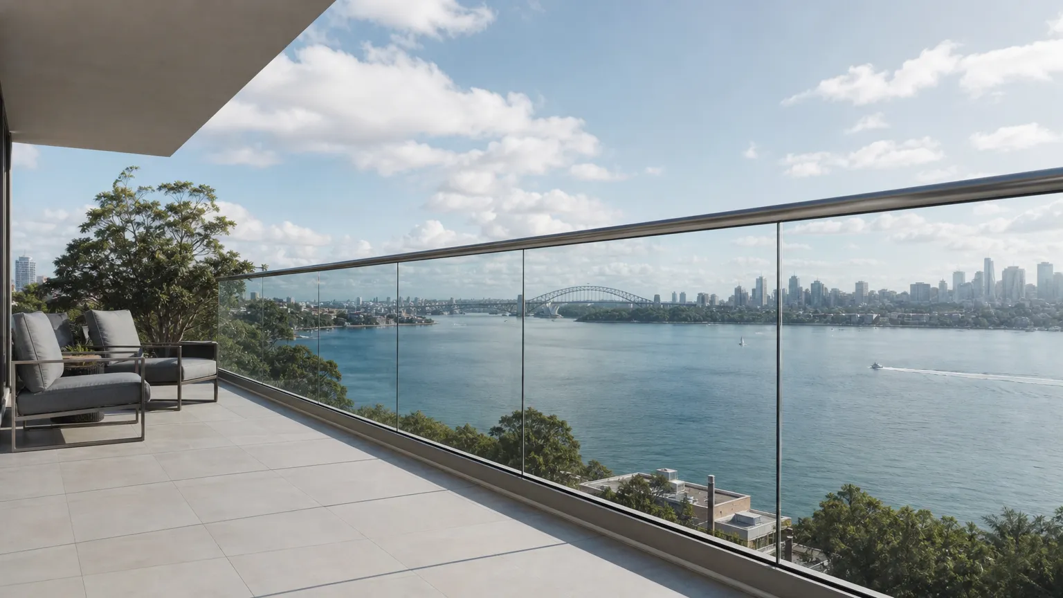 a frameless glass balcony balustrade in a base channel overlooking Sydney Harbour
