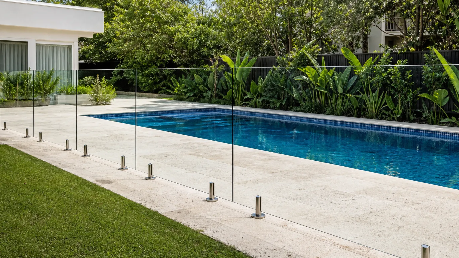 a frameless glass pool fence on stainless-steel spigots around a backyard pool
