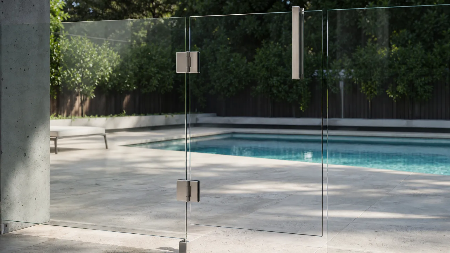 a frameless glass pool gate with glass-to-glass hinges and a high-mounted magnetic latch
