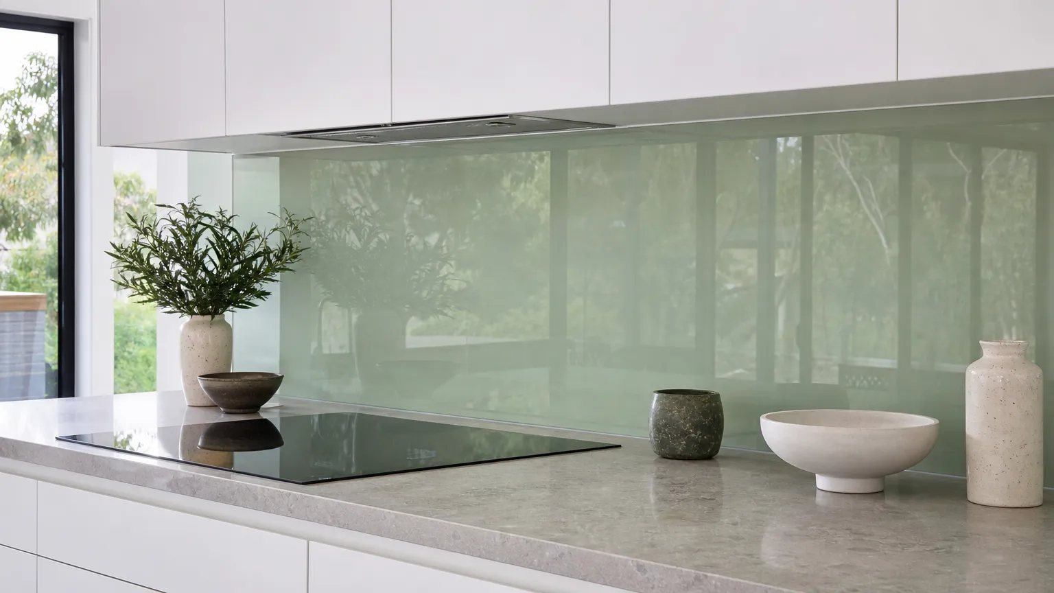 a back-painted green glass kitchen splashback behind a stone benchtop and cooktop