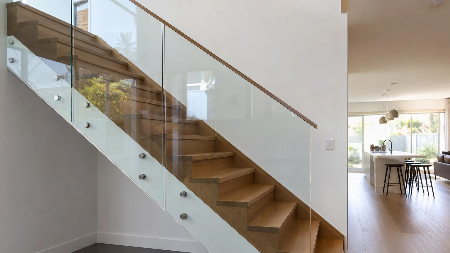 a raked glass stair balustrade fixed with stainless standoffs and a timber handrail