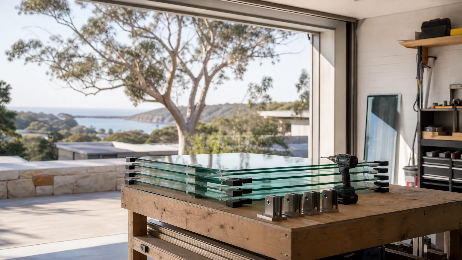 a stack of glass pool fence panels with stainless spigots and a cordless drill on a timber workbench in an open garage