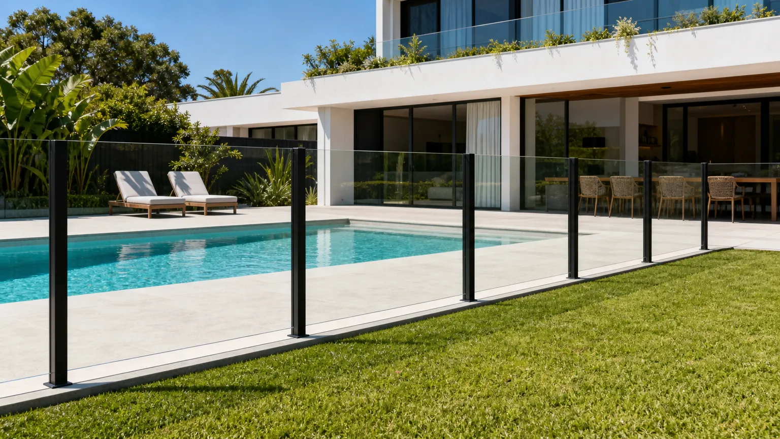 a semi-frameless glass pool fence with slim black aluminium posts beside a lawn